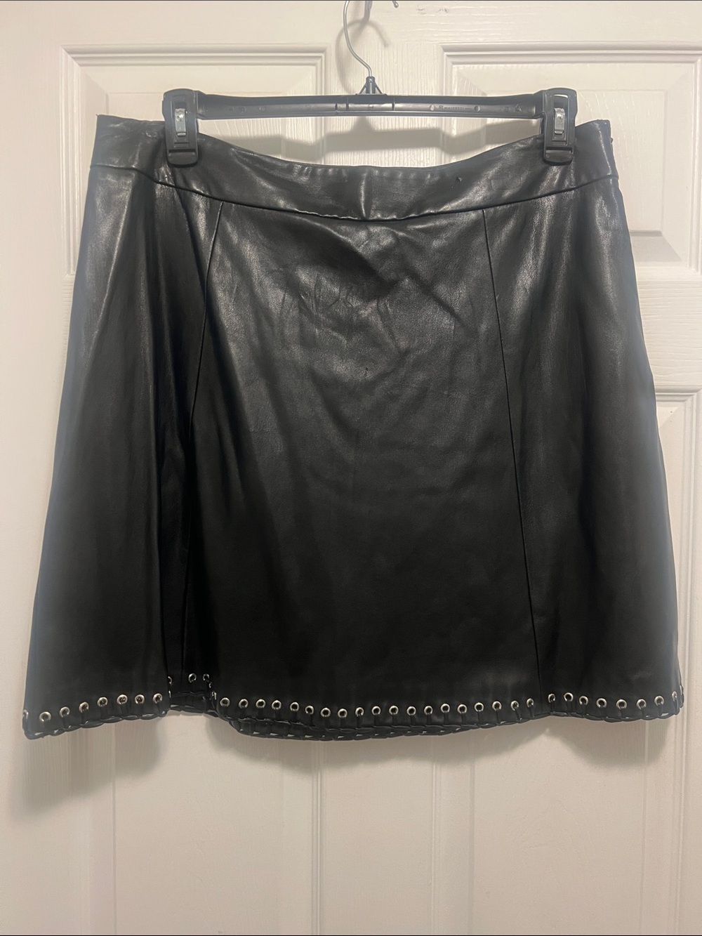Worthington Black Faux Leather Mini Skirt with Eyelet Hem